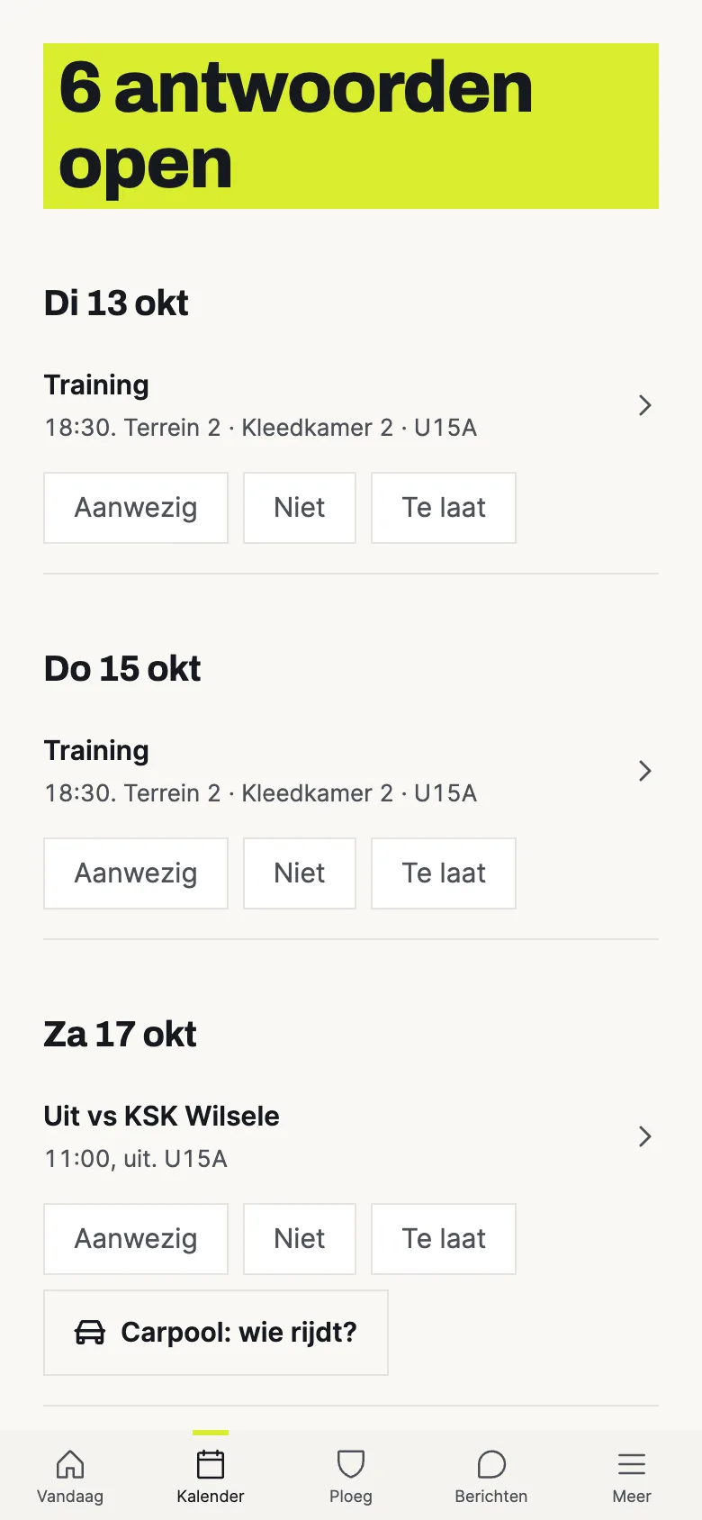 KLUPP-app: de kalender met Aanwezig, Niet en Te laat