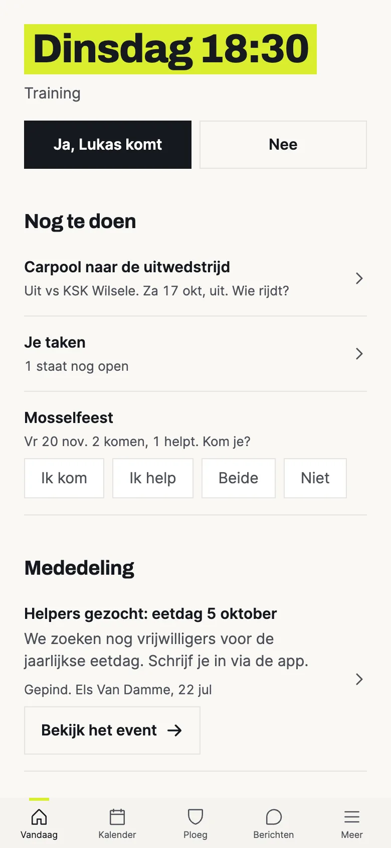 KLUPP-app: de training van dinsdag met de knoppen Ja, Lukas komt en Nee